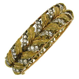 1950s Mario Buccellati Diamond and Three Tone Gold Bangle Bracelet: Title: 1950s Mario Buccellati Diamond and Three Tone Gold Bangle BraceletDescription: Stunning diamond & gold bangle bracelet inspired by floral motifs. Created by Mario Buccellati in Italy in the