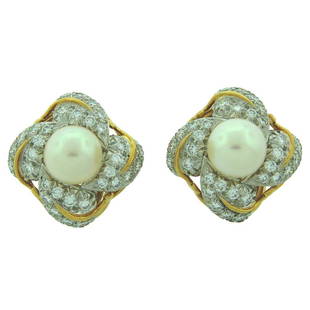 Tiffany & Co. Schlumberger Pearl Diamond Gold Earrings 1970s: Title: Tiffany & Co. Schlumberger Pearl Diamond Gold Earrings 1970sDescription: Classy and timeless clip-on earrings created by Jean Schlumberger for Tiffany & Co. in the 1970s. Feature a beautiful