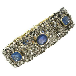 Victorian Sapphire Diamond Silver Gold Bracelet: Title: Victorian Sapphire Diamond Silver Gold BraceletDescription: Stunning Victorian bracelet created in Europe in the 1900's. Features seven oval and cushion cut sapphires set in silver and