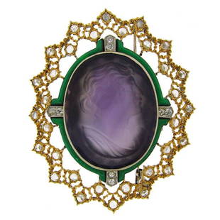 Buccellati Carved Amethyst Cameo Enamel Diamond Gold Brooch Pin: Title: Buccellati Carved Amethyst Cameo Enamel Diamond Gold Brooch PinDescription: Gorgeous cameo brooch created by Buccellati in Italy in the 1970's. Beautiful carved on amethyst woman's profile,