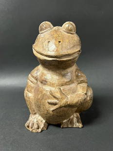 Frog: Title: FrogDate/Period: 20th CenturyDimension: 8 inches high x 6 inches wideMaterials: WoodAdditional Information: Carved Paper Mache Mold of Frog Reserve: $70.00 Shipping:Domestic: Flat-rate of