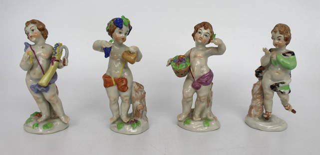 Set of 4 Capodimonte Four Season Figurines: Set of 4 Capodimonte Four Season Figurines Vintage 20th century porcelain figurines representing the four seasons. Each piece bearing the Capodimonte crown stamp to the underside. Each