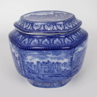 Maling Ware Blue & White Castle Lidded Jar: Maling Ware Blue & White Castle Lidded Jar Measures 16 x 16 x 14 (height) cm. No chips, cracks or repairs; little craquelure. Reserve: $39.00 Shipping:Domestic: Flat-rate of $59.00 to