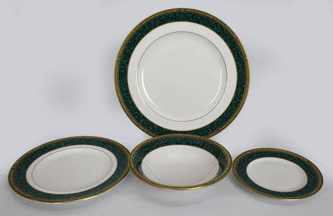 Royal Worcester Damask Pattern 4 Piece Place Setting: Royal Worcester. Damask pattern. White with green & gilt border. 10 1/2 inch dinner plate, 8 inch salad plate, 6 inch tea plate & 6 1/2 inch bowl. All in very good condition; no chips, cracks or