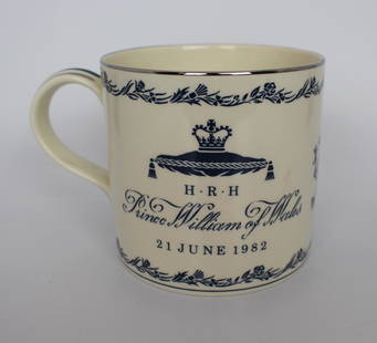 Wedgwood Prince & Princess of Wales 1982 Tankard: Wedgwood. Made in England. To celebrate the first born to The Prince & Princess of Wales 21st June 1982. Designed by Richard Guyatt. Made in a limited edition of 1000. Measures 16 x 11 x 11 (height)
