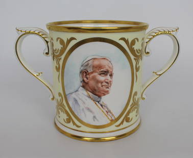 Royal Worcester Two Handled Pope John Paul Loving Cup: Royal Worcester Two Handled Pope John Paul Loving Cup Full factory backstamp Produced in a limited numbered edition of 1000 Measures 19 x 11.5 x 12 (height) cm. Very good condition; no