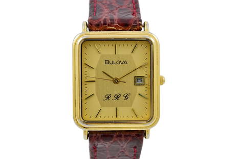 Vintage Bulova RRG Quartz Gold Plated Midsize Watch: Title: Vintage Bulova RRG Quartz Gold Plated Midsize WatchBrand: BulovaDate: 1990sModel: RRGMovement: QuartzFunctions: Time and dateCase Metal: Gold PlatedCase Size: 26mm X 34mmDiamonds/Gemstones: