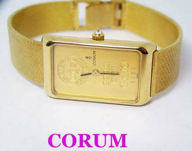 18k CORUM Ladies Winding Watch with 24K INGOT BAR 10 GR Diamond Crown* EXLNT: 18k CORUM Ladies Winding Watch with 24K INGOT BAR 10 GR & Diamond Crown in Excellent Condition This Ladies Corum watch is Swiss made. Great present for yourself or someone you love! * Solid 18k