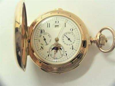 Antique 14K Minute Repeater MOON PHASE Chronograph Triple Calendar Pocket Watch