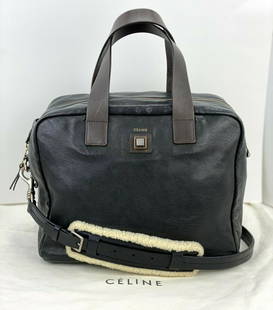 Celine Briefcase Black Leather Shearling Strap Messenger Travel Bag Vintage B165: SKU B165 Authentic Pre-owned Vintage Celine Leather Handle Zippered Tote Rating: C+.. Good, shows some sign of use Color: black Material: soft lambskin, has little wear by 4 corners Measurements: H