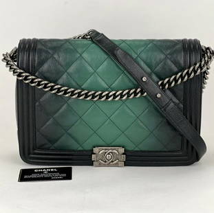 CHANEL Bag Dark Green Ombre Quilted Glazed Leather Large Boy Authentic B466: SKU B466 0122 Pre-Owned 100% Authentic CHANEL Dark Green Ombre Quilted Glazed Leather Large Boy Bag RATING: B...Very Good, well maintained, shows minor signs of wear MATERIAL: ombre glazed calfskin