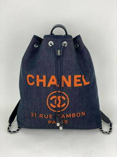 CHANEL Bag DEAUVILLE soft Backpack Travel Bag Blue Denim Canvas Leather DC18: SKU DC18 1021 Pre-Owned 100% Authentic Chanel Large Deauville Soft Denim Backpack RATING: A...Excellent, near mint, only slight signs of wear MATERIAL: denim, leather STRAP: leather & Intertwined