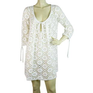 Milly Cabana Cotton Broderie White Kaftan Cover Up Beach Mini Dress - Sz 8: Milly Cabana Cotton Broderie White Kaftan Cover Up Beach Mini Dress - Sz 8 Beautiful broderie cotton dress for the holidays by Milly with 3/4 sleeves, bow tie at the busrt and mini length. This