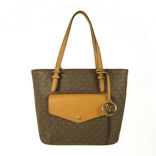 Michael Kors Jet Set Monogram Brown Canvas Leather Handbag Tote Shoulder Bag: Michael Kors Jet Set Monogram Brown Canvas Leather Handbag Tote Shoulder Bag This stylish handbag is a stunning Michael Kors Jet Set shoulder bag. It features a feminine and chic look with monogram
