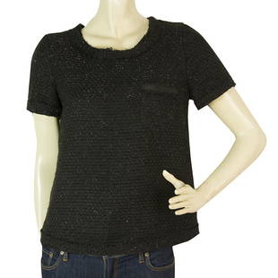 Twins Black Metallic Shiny Short Sleeve back Zipper Top Blouse size S: Twins Black Metallic Shiny Short Sleeve back Zipper Top Blouse size S This black Twins top is an extra stylish and versatile piece. It is made of tweed feel fabric, it has metalli shine, short