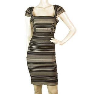 Herve Leger Sandra Bandage Bodycon Stripes Cap Sleeve Mini length Dress sz M: Herve Leger Sandra Bandage Bodycon Stripes Cap Sleeve Mini length Dress sz M A sculpted bodycon magnificent " Sandra " dress by Herve Leger !! With thin olive green, gray, black stripes jacquard patte