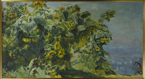 Oil painting Sunflowers are growing Sidoruk Vladimir Fedorovich: №Vernd 33 *** ABOUT THIS PAINTING *** * TITLE: "Sunflowers are growing" * ARTISTS: Sidoruk Vladimir Fedorovich * SIZE: 230x120 cm/'90.55x47.24 inches' * MEDIUM: oil, canvas * HAND PAINTED: