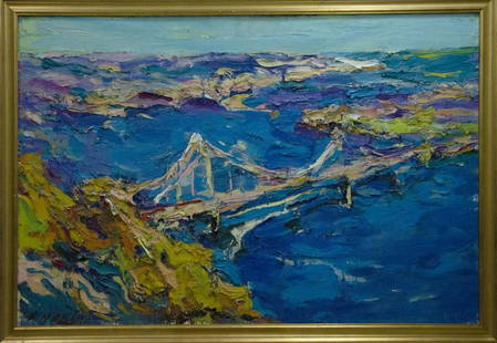 Oil painting Bridge landscape Dupliy Sergey Alexandrovich: №Vernd 99 *** ABOUT THIS PAINTING *** * TITLE: "Bridge landscape" * ARTISTS: Dupliy Sergey Alexandrovich * SIZE: 97x145 cm/'38.18x57.08 inches' * MEDIUM: oil, cardboard * HAND PAINTED: