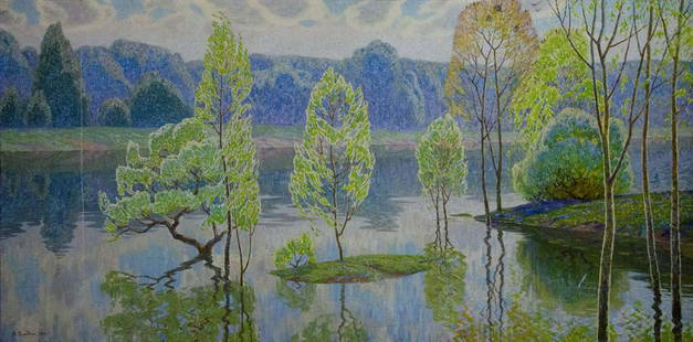 Oil painting River landscape Zlyden Yuri Fedorovich: №Vernd 132 *** ABOUT THIS PAINTING *** * TITLE: "River landscape" * ARTISTS: Zlyden Yuri Fedorovich * SIZE: 100x200 cm/'39.37x78.74 inches' * MEDIUM: oil, canvas * HAND PAINTED: Original