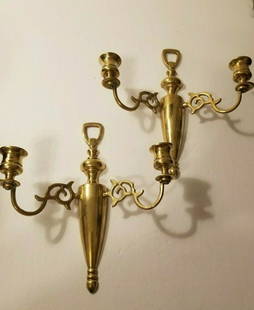 Pair of English Brass Two Candle Sconces: Title: Pair of English Brass Two Candle SconcesDescription: A Pair of English Made Two Candle Sconces with Lovely Neoclassical Brass Scrolling.Date/Period: Early 1900'sMaterials: Brass &
