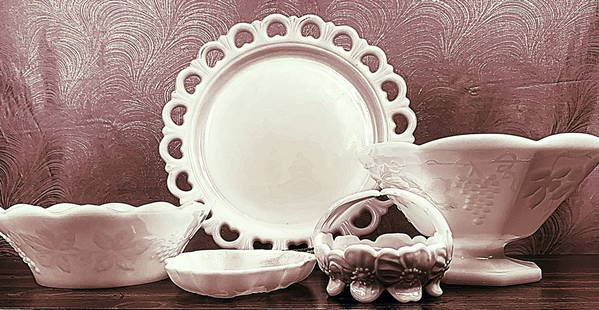 Milk Glass Ensemble - 5 Pieces: Title: Milk Glass Ensemble - 5 PiecesDescription: Bring the nostalgia back for the 1940 and 1950's with this group of lovely Milk Glass.Date/Period: Mid 20th CenturyMaterials: GlassDimension: Plate -