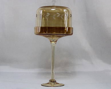 Glass Footed Cloche Dish with Dome Etched Cover: Title: Glass Footed Cloche Dish with Dome Etched CoverDescription: Glass Footed Cloche Dish with Dome Etched CoverDate/Period: 20th CenturyMaterials: GlassDimension: 17"H x 18"W Reserve: $80.00 