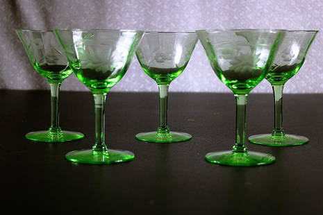 Green Depression Glass with Floral Etched Martini Glasses: Title: Green Depression Glass with Floral Etched Martini GlassesDescription: Green Depression Glass with Floral Etched Martini GlassesDate/Period: Early 20th CenturyMaterials: GlassDimension: 5"H x