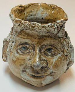 Southern Americana Folk Art Face Jug by Christina 2013: Title: Southern Americana Folk Art Face Jug by Christina 2013Description: "Gramma-ma" Face Pottery Jug.Date/Period: Circa. 2013Materials: Clay and GlazeDimension: 7"T x 7"W x 7"D with an Opening: 