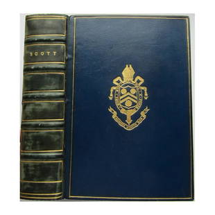 The Poetical Works of Sir Walter Scott: FIRST EDITION. FINE BINDING. With the Author's Introductions and Notes. Edited by J. Logie Robertson, M.A. Full navy calf with gilt armorial crest and gilt borders and dentelles. Gilt title, raised