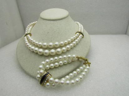 Vintage Graduated Faux Pearl Necklace Bracelet Set, Rhinestones & Enameled Bands: Vintage Graduated Faux Pearl Necklace Bracelet Set, Rhinestones & Enameled Bands Reserve: $30.00 Shipping:Domestic: Flat-rate of $5.00 to anywhere within the contiguous U.S.International: Foreign