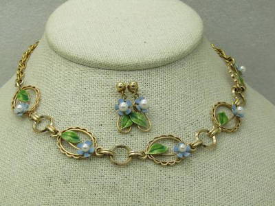 Vintage 12kt G.F. Forget-Me-Not Enameled Necklace & Earrings, A&Z, 1930's-1940's