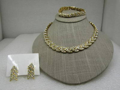 Vintage Rhinestone Demi Parure Set, Necklace, Bracelet Earrings, Art Deco Themed