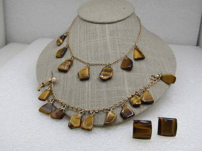 Vintage Tiger's Eye, Necklace, Bracelet, Earrings, Set, 1960's-1970's