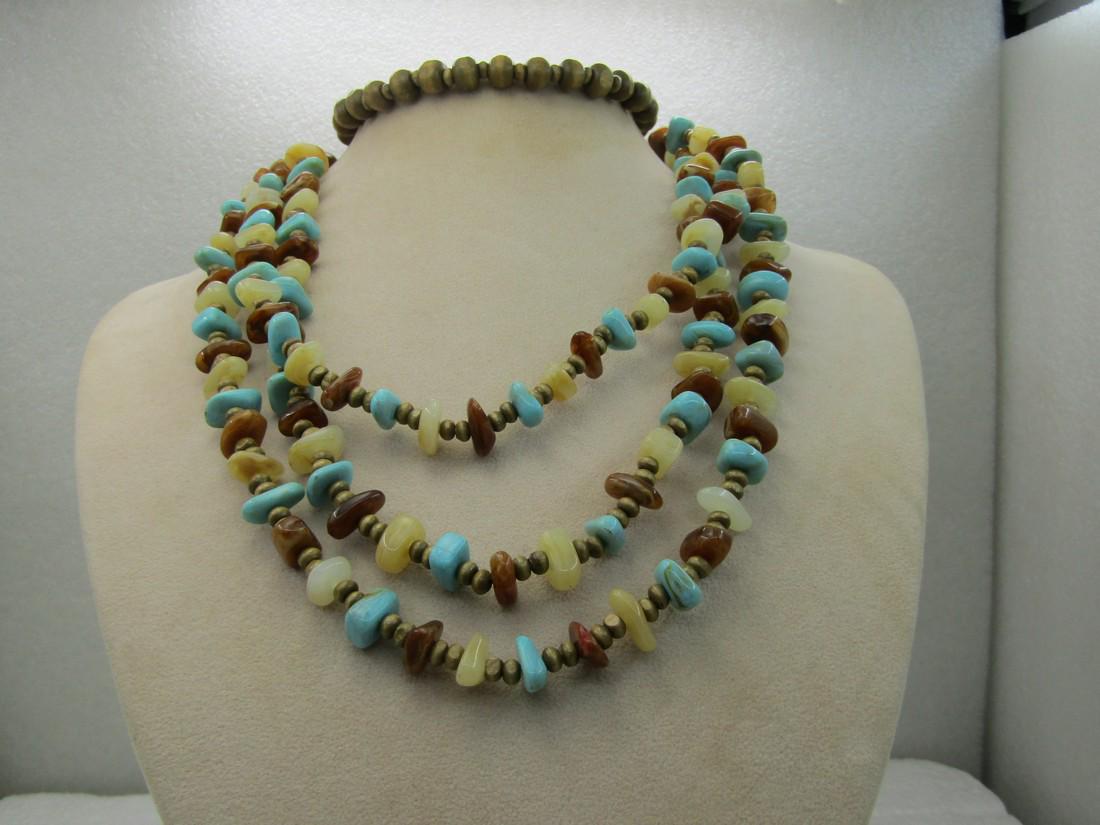 Vintage Southwestern Tribal, Wooden, Quartz, Agate, Turquosie Glass Beaded Necklace, Triple Strand (1 of 6)