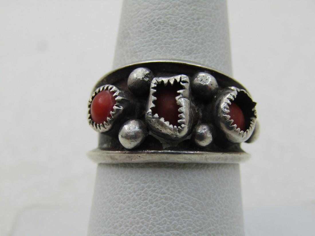 Vintage Sterling Silver Southwestern Coral Ring, Shadowbox, Sz. 9, Unisex (1 of 8)