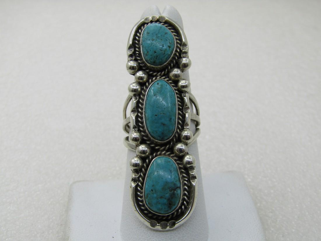 Sterling Southwestern Turquoise Long Ring, Sz. 8, 2-1/8" Statement Ring (1 of 7)