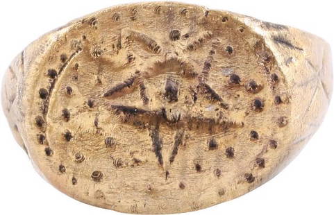 MEDIEVAL SORCERER'S PENTAGRAM RING, C.500-900 AD, SZ 10 3/4: Size 10-10 1/4 with 3.5mm rounded face band flaring to the shoulders. Large oval bezel with stipple field and large central pentagram. Despite the universal conversion to Christianity in Europe,