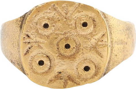 ENGLISH MAN'S RING, C.7TH-10TH CENT. AD, SIZE 10 1/4: Anglo-Saxon dating to the period when Vikings invaded and settled in the British Isles. They occupied over half the territory with the Anglo-Saxons occupying the rest. This ring is gilt bronze, size