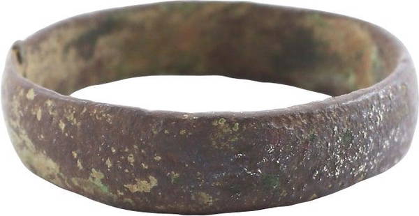 VIKING WARRIOR'S WEDDING RING AS FOUND, 900-1050 AD, SIZE 9 1/2: Bronze, size 9 1/2. 4.9mm width with rounded face. Made with a core filling the inside which distributed the flowing metal and allowed for slower cooling. The core was then laboriously removed by