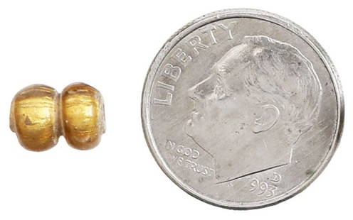 VIKING GLASS DOUBLE BEAD, C.850-1050 AD: From a Baltic hinterland find including other jewelry items. Imaged as reconstructed by the finder based on the configuration as found. The bead is to scale with the coin. Comprising 63 beads total,