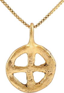 EUROPEAN CRUSADER'S CROSS NECKLACE, 12TH CENTURY: The Lorraine cross with the beam terminals crossed (called bearing crutches) resulting in five crosses in one, remembering the five wounds of Christ. The beam terminals here joined as a circle