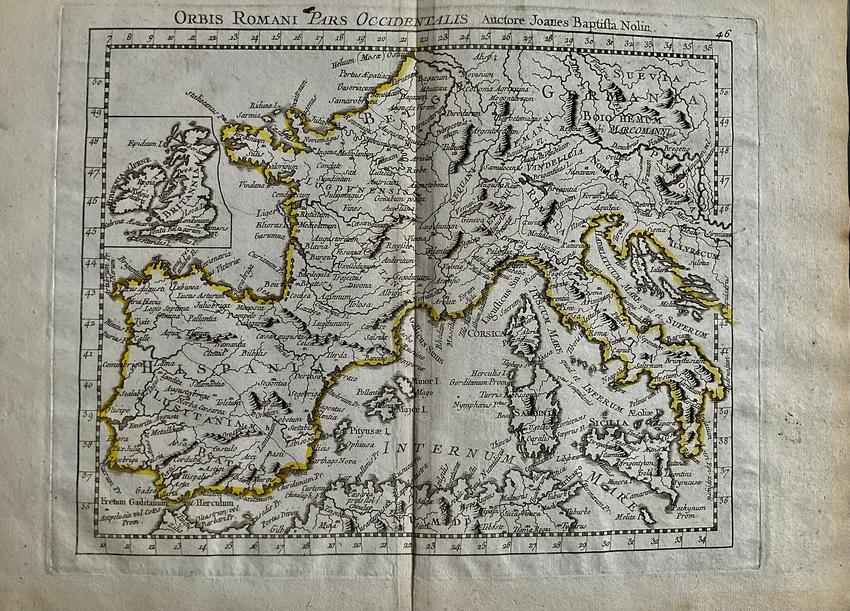 Ancient Western Roman Empire 1780/81. Scarce map by J. B. Nolin: Title: Ancient Western Roman Empire 1780/81. Scarce map by J. B. Nolin Date/Period: 1780/81 Materials: Hand colored copper plate engraved Size: 14 1/2 x 10 1/4” Shows today’s Iberian penin