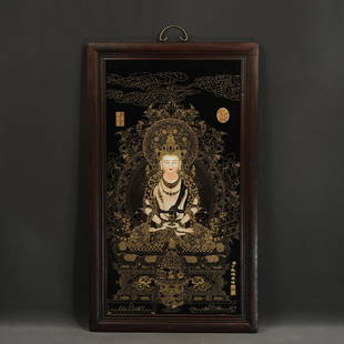 Mahogany Inlaid Ceramic Screen - Guanyin Sculpture: Title: Mahogany Inlaid Ceramic Screen - Guanyin SculptureOrigin: Asian private collectionDate/Period: 20th CDescription: Size: about 89x53x4 cm. Exquisite ceramic Guanyin Buddha sculpture. hand-made.