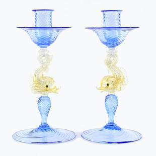 Marino Santi - Murano glass Candle holder set: Title: Marino Santi - Murano glass Candle holder setMaker: Marino SantiOrigin: MuranoDate/Period: 2015Material: glassSize: 25 x 12 cm 640 gramsAdditional Information: Top Set ( 2 Pieces ) murano