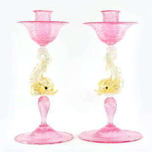 Marino Santi - Murano glass Candle holder set: Title: Marino Santi - Murano glass Candle holder setMaker: Marino SantiOrigin: MuranoDate/Period: 2015Material: glassSize: 24 x 11 cm 505 gramsAdditional Information: Top Set ( 2 Pieces ) murano