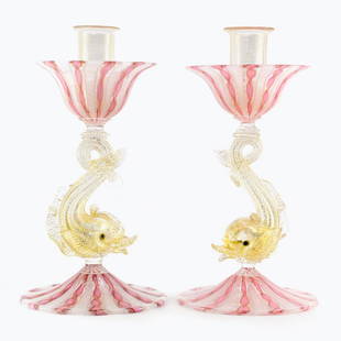 Marino Santi - Murano glass Candle holder set with fine Reticello: Title: Marino Santi - Murano glass Candle holder set with fine ReticelloMaker: Marino SantiOrigin: MuranoDate/Period: 2015Material: glassSize: 22 x 11 cm 660 gramsAdditional Information: Top Set ( 2