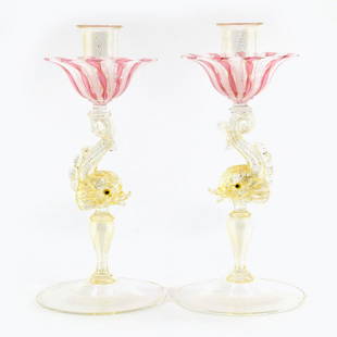 Marino Santi - Murano glass Candle holder set with fine Reticello: Title: Marino Santi - Murano glass Candle holder set with fine ReticelloMaker: Marino SantiOrigin: MuranoDate/Period: 2015Material: glassSize: 24 x 11 cm 510 gramsAdditional Information: Top Set ( 2