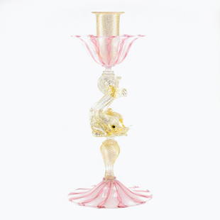 Marino Santi - Murano glass Candle holder with fine Reticello: Title: Marino Santi - Murano glass Candle holder with fine ReticelloMaker: Marino SantiOrigin: MuranoDate/Period: 2015Material: glassSize: 24 x 11 cm 240 gramsAdditional Information: Rare murano