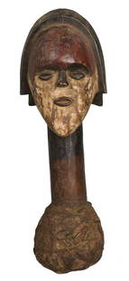 Reliquary Figure – Wood – Mitsogho – Gabon: Title: Reliquary Figure – Wood – Mitsogho – GabonDescription: Stylistic Mitsogho reliquary figure mask from Gabon. Mitsogho objects were kept at the back of the Ebanza house, where