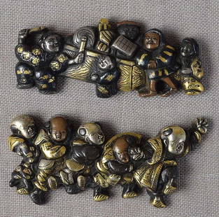 Pair 19c Japanese sword MENUKI boys at play: Pair of early 19th century Japanese sword menuki depicting two groups of boys at play. Superb quality work - see their faces, detailing of clothing and toys. Gold, silver and copper inlays, in excelle